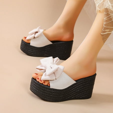 

ytjx ladies fashion cloth bow fish mouth platform wedge heel casual slippers