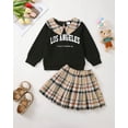 thumbnail image 2 of KIMI BEAR 3T Toddler Girls Winter Outfits 4T Toddler Girls Warm Clothing Sets Lapel Long Sleeves Sweatshirt Top Letter Print Pullover Top Plaid Skirt Pleated Skirt 2pcs Skirt Sets Black, 2 of 7