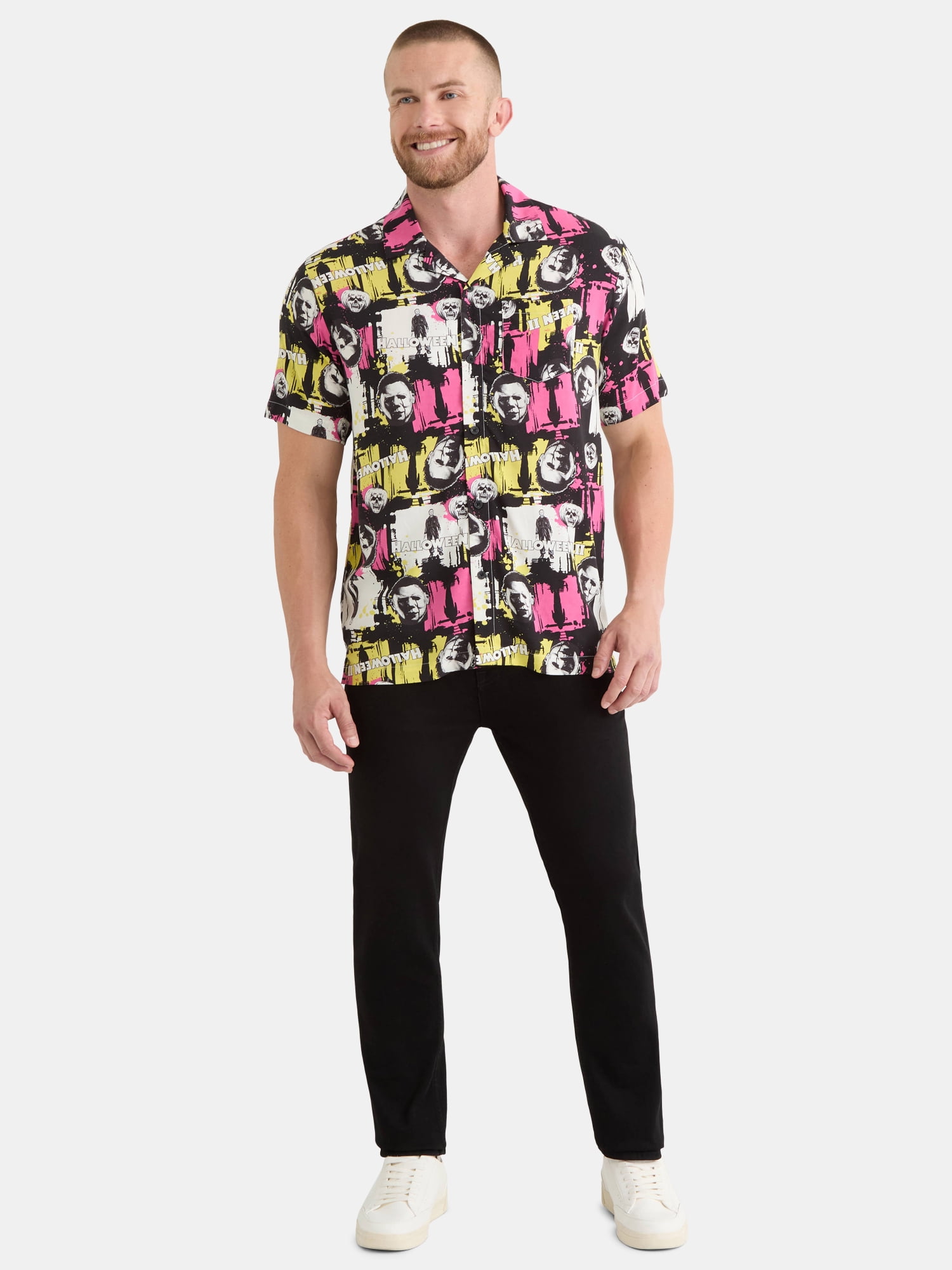 Halloween 2 Men's and Big Men's Print Button-Up Shirt with Short Sleeves, Sizes XS-3XL