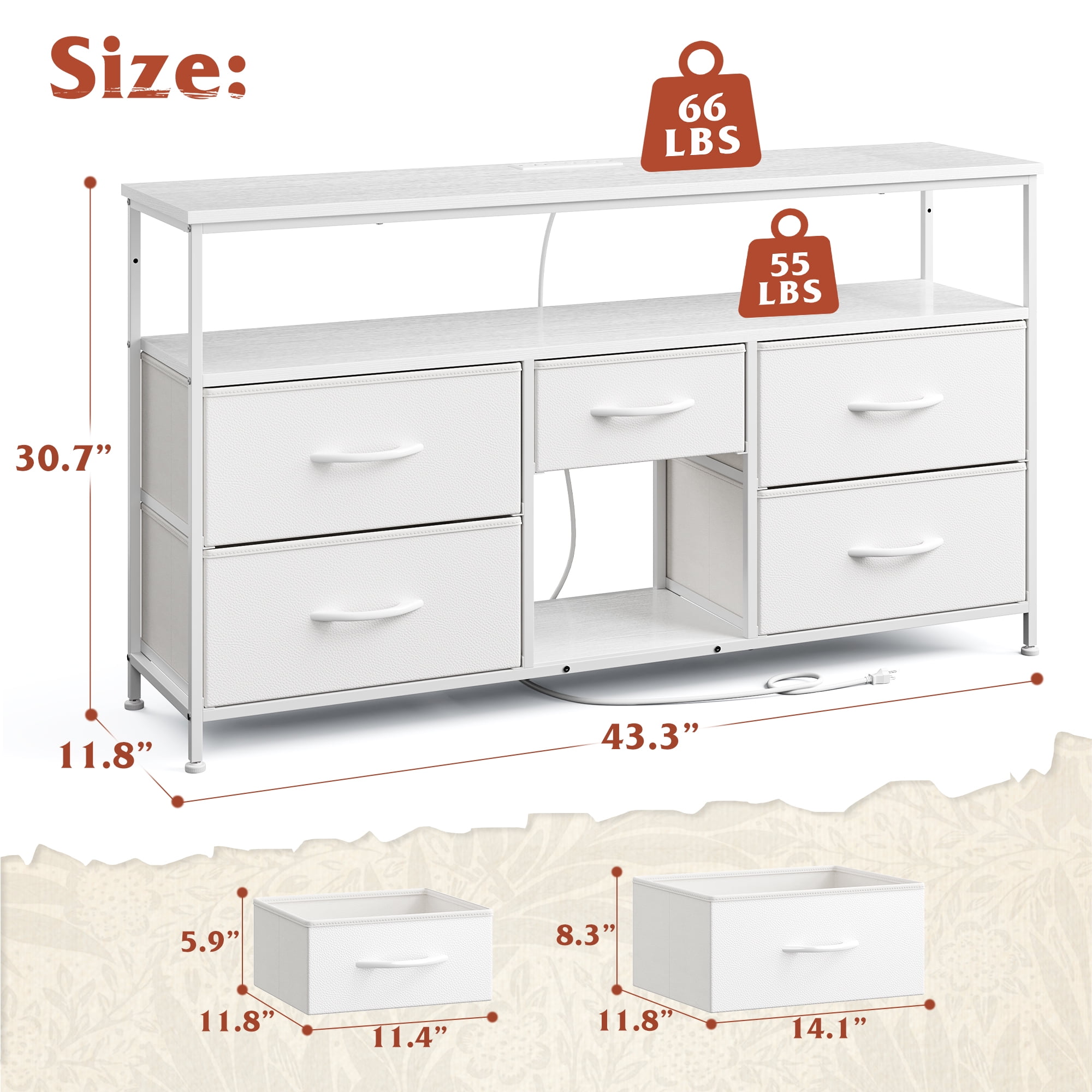 EnHomee White Dresser with 5 Drawers TV Stand for 50" Dressers for Bedroom with LED Lights & Power Outlets