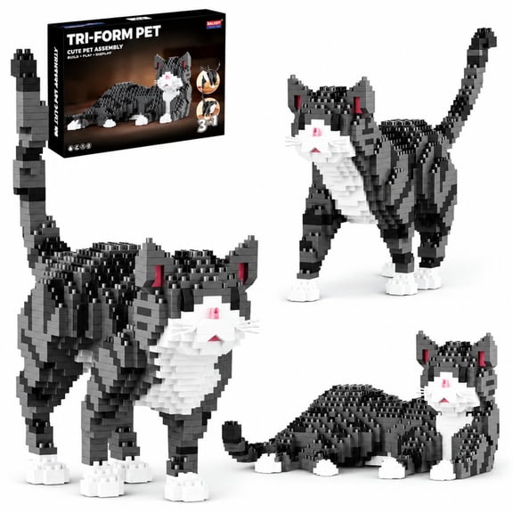 Remocguys Tri-Form Tabby Cat Micro Building Set Compatible with Lego Pet Decor Display Model For Adults 1054PCS