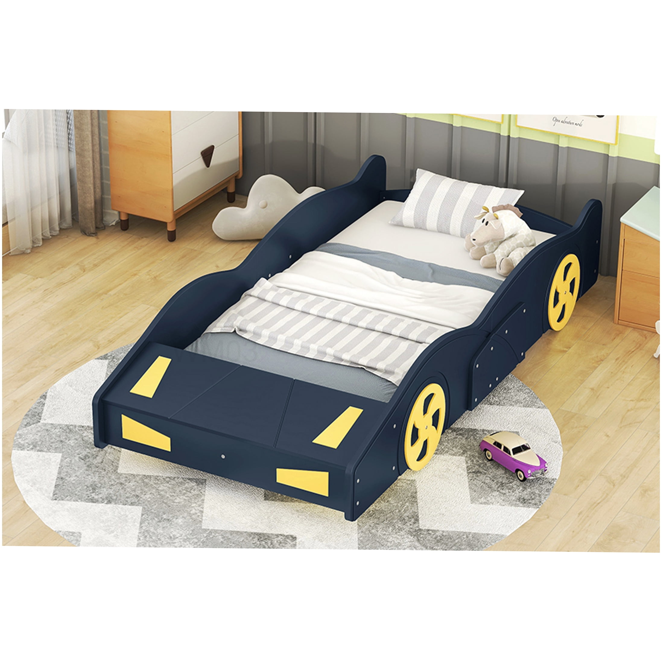 Low Profile Twin Bed Frame with Storage, Race Car Design, Solid Wood Platform Base
