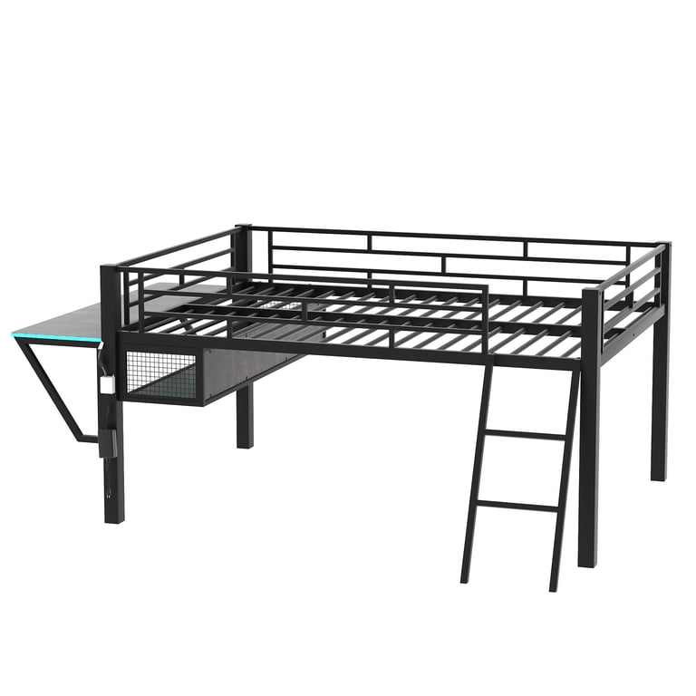 Euroco Full Loft Bed with Desk, LED Light and Storage, Black photo 4