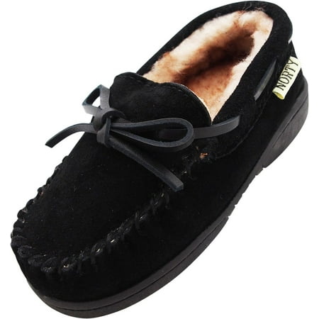 NORTY Toddler Boys Girls Unisex Suede Leather Moccasin Slip On Slippers, 40593 Black /