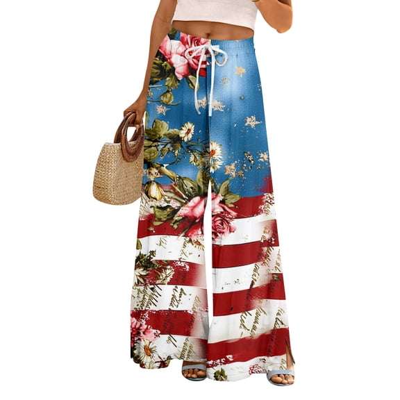 America 250 Pants for Women 1776-2026 USA Flag Print Wide Leg Pajama Bottoms Elastic High Waist Slit Baggy Classic Fit Daily Wear Trousers, #01 Blue, S