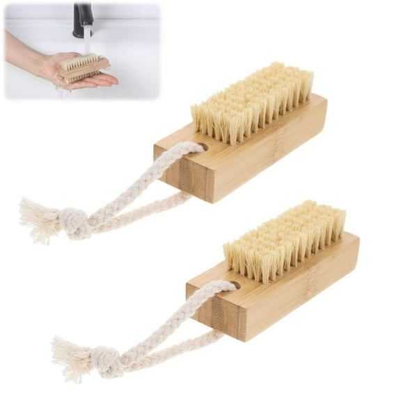 Scheam Wooden Double Sided Nail Brush Set,2Pcs Nail Cleaning Bristle Brushes with Hanging Rope,Multi-functional Fingernail Scrubber Brush,for Women Men Deep Clean Under Nails