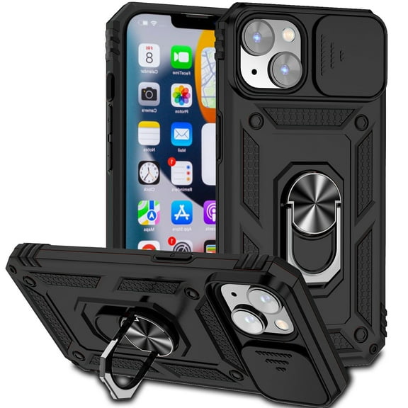 Dteck Armor Case for iPhone 14 Plus Stand Case with Slide Camera Cover Kickstand Military Grade Shockproof Heavy Duty Protective Magnetic Case for iPhone 14 Plus 6.7-inch,Black