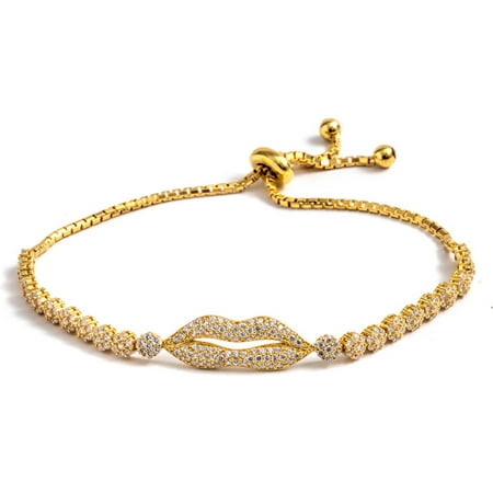 Pori Jewelers CZ 18kt Gold-Plated Sterling Silver Lip Friendship Bolo Adjustable Bracelet