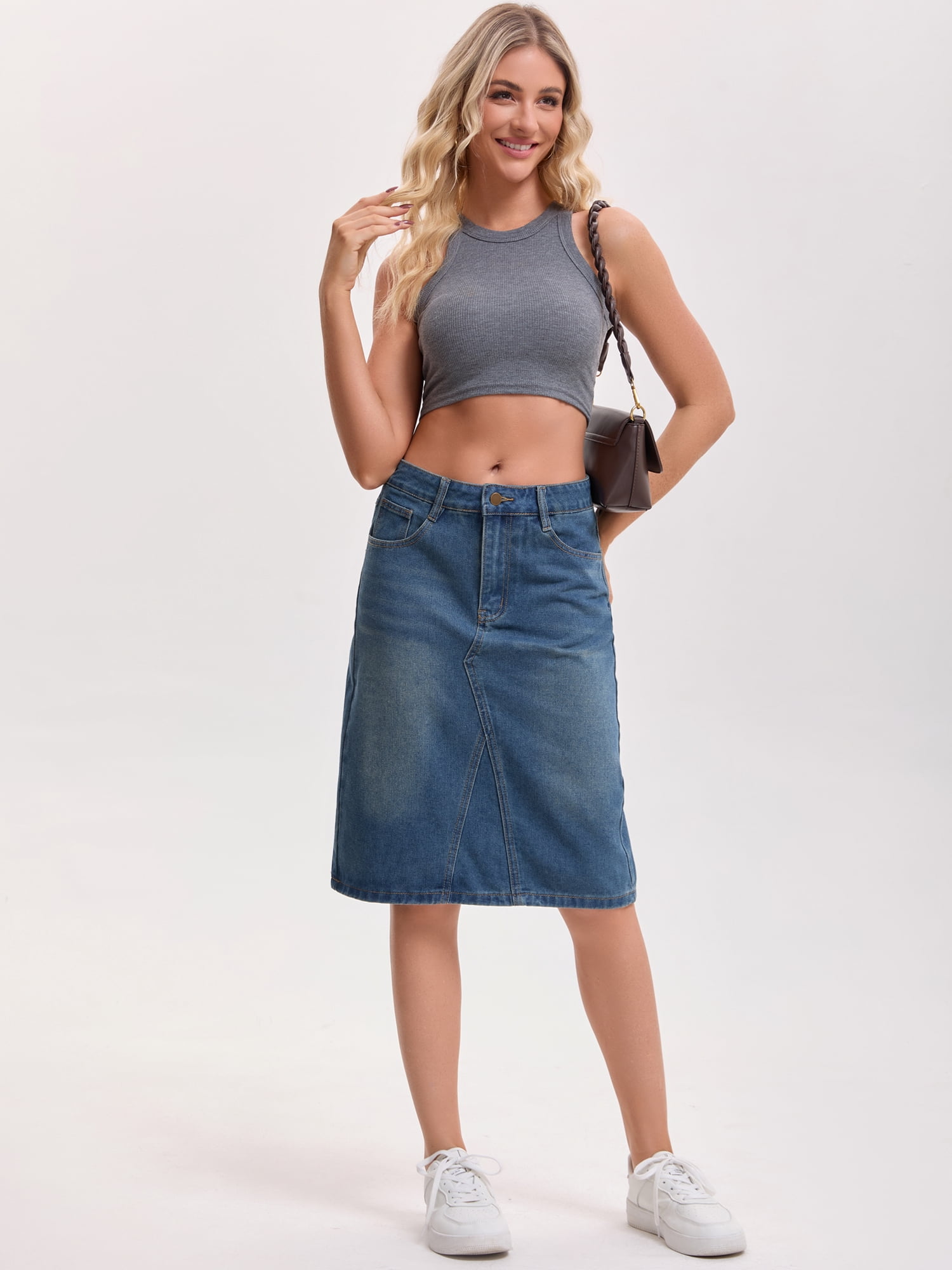 DARING DIVA Women's Durable Denim Skirt A-Line Midi Jean Skirts X-Large Vintage Blue