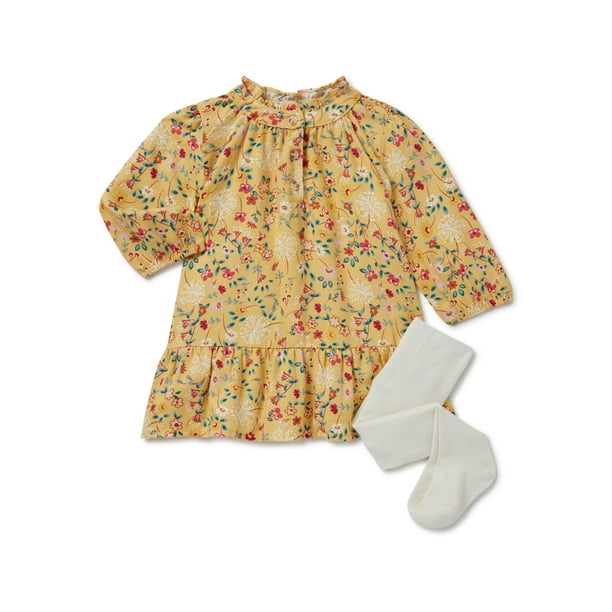 Wonder Nation Baby Girls Long Sleeve Dress and Tights Set, 2Piece