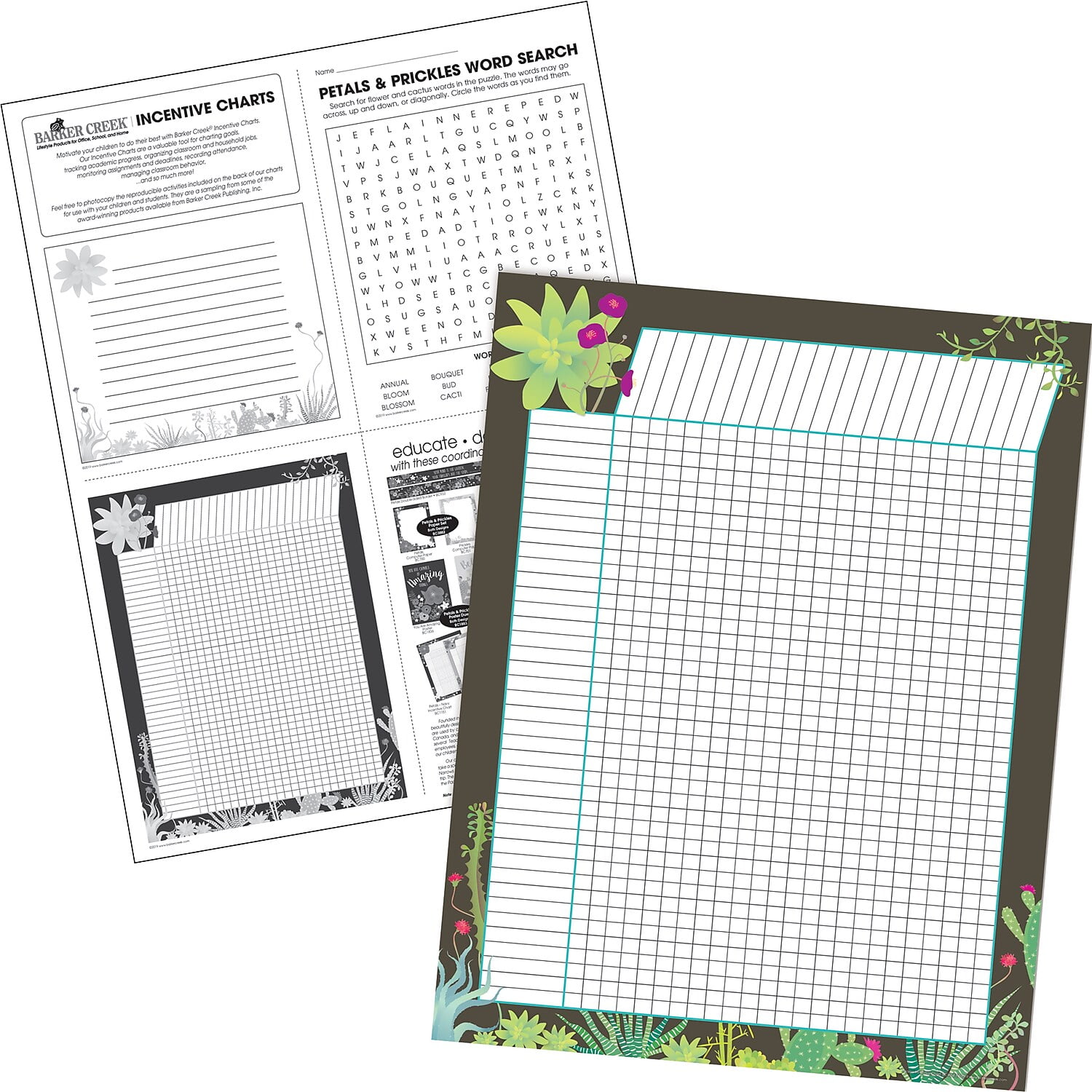 Barker Incentive Chart 4-Pack - Prickles, Track Chores, Assignments, and More! Coloful Succulents on a Chocolate Background, 17" x 22" Each, 4 Incentive Charts in Pkg. (4054)