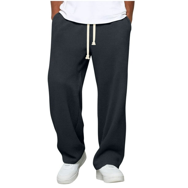 Kalauyu Mens Casual Sweat Pants Pleated Drawstring Elastic Waist Waffle Straight Leg Joggers Sweatpants with Pockets
