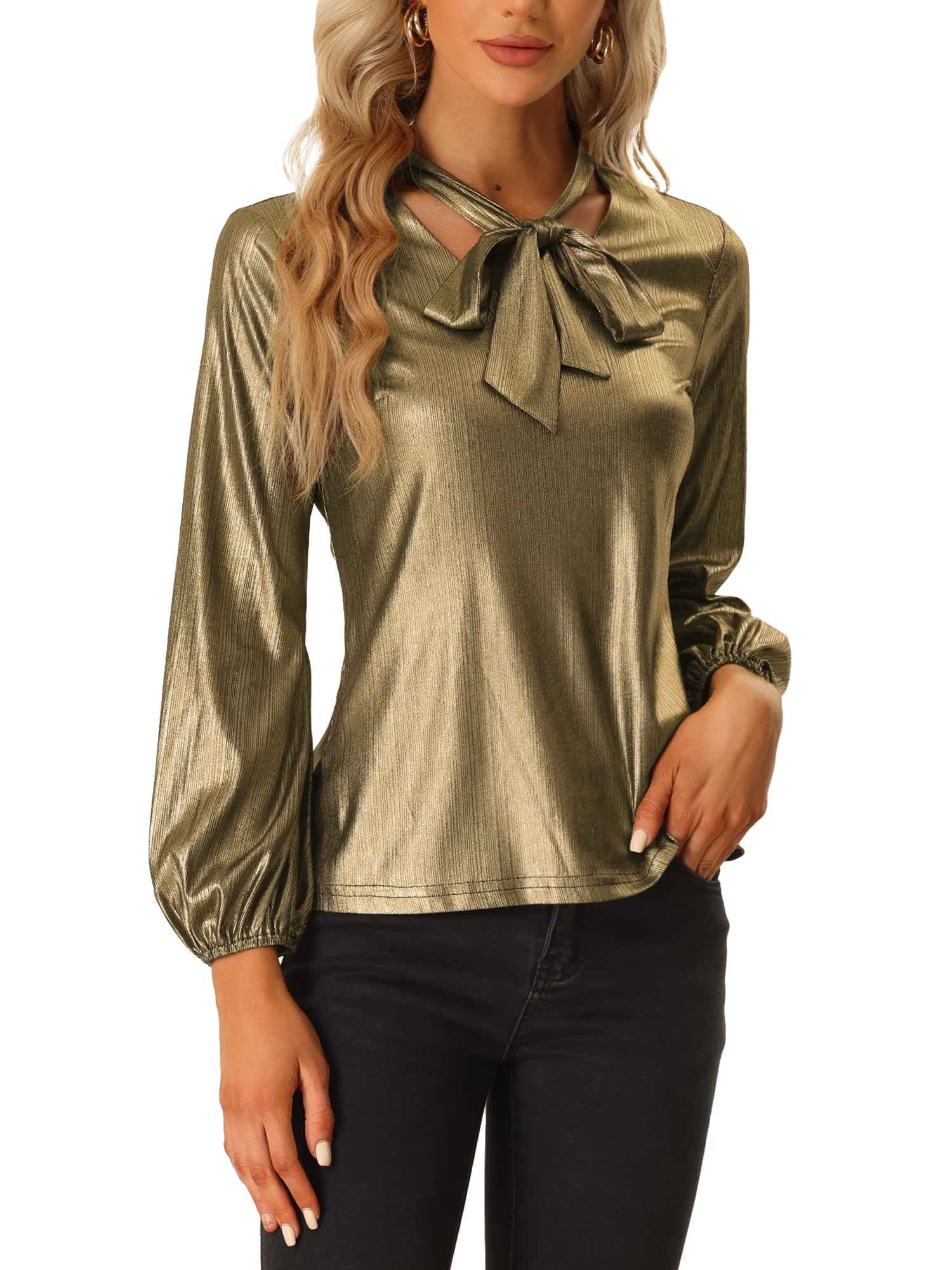 Unique Bargains Women's Metallic Shiny Blouse Tie Neck Party