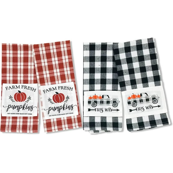 Serafina Home Farmhouse Fall Kitchen Towels: Plaid Terracotta and Black and White Check Dish Towels with Country Truck Hauling Harvest Pumpkins Patch, This Way to The Seasonal Fun!