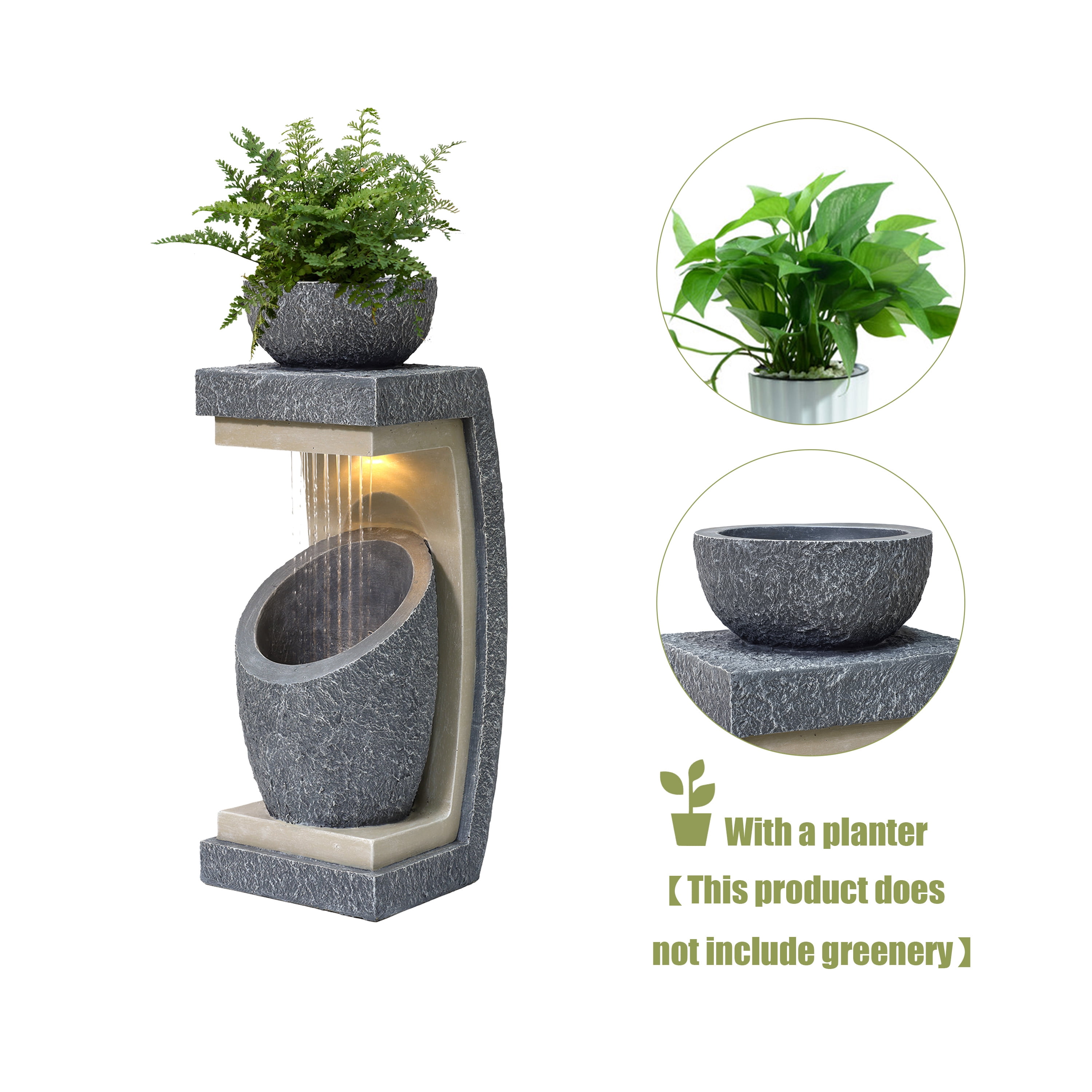 LuxenHome 32" Resin Cascading Water Fountains Outdoor and Indoor with LED Lights, Modern Water Features Garden Decor