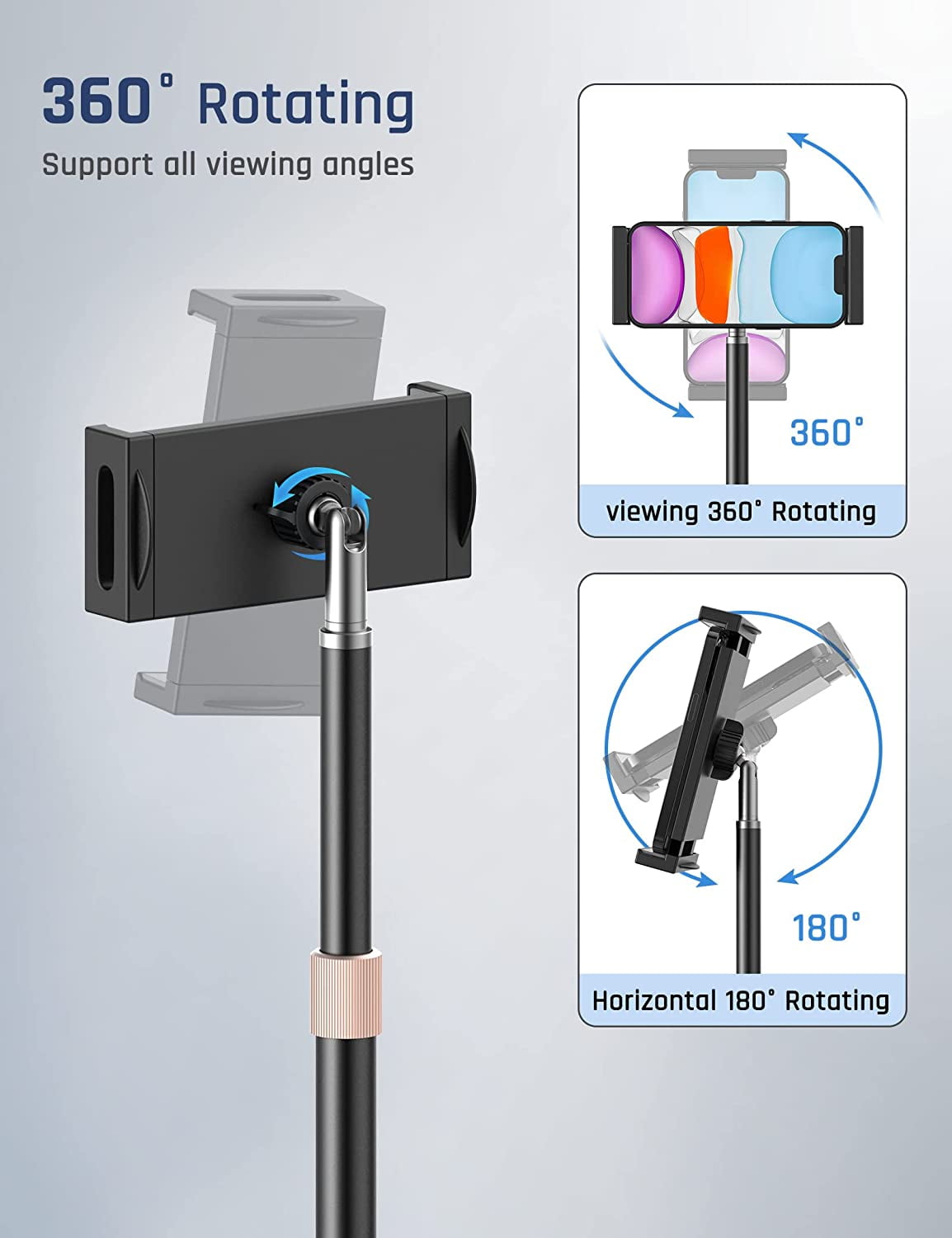 Tablet Stand Holder, Adjustable Height Tablet & Phone Stand for Desk, 360° Rotating Aluminum Metal Tablet Stand Mount Compatible for iPad Pro Air Mini, iPhone, Samsung, Kindle (4.7"-12.9")