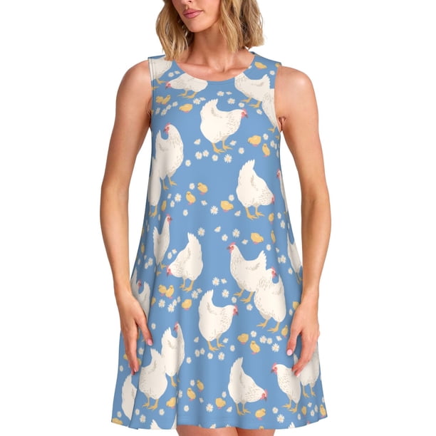 Fotbe Funny Chicken Vestido de Verano sin Mangas para Mujer – Vestido Midi Línea A, Estilo Camiseta Floral, Vestido Playero Casual y Fluido