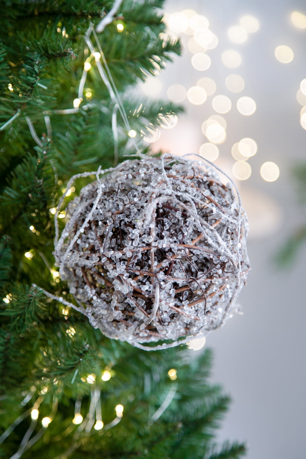 Iced Twig Ball Christmas Ornament Snow Covered Look Plastic Wire Angelvine Tree Decor Gift