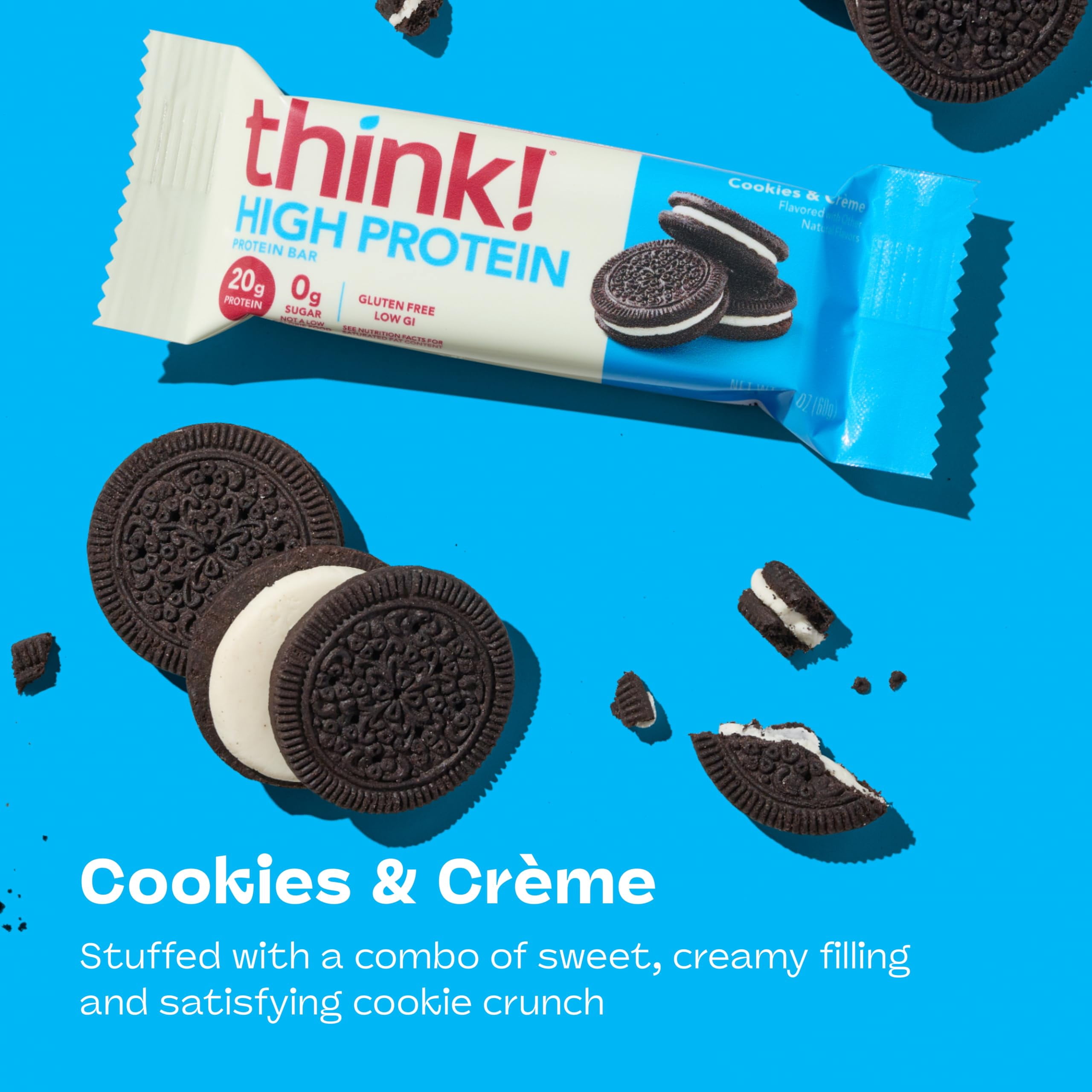 think! Protein Bars, High Protein Snacks, Gluten Free, Kosher Friendly, Cookies and Crème, Nutrition Bars, 2.1 Oz per Bar, 10 Count (Packaging May Vary)
