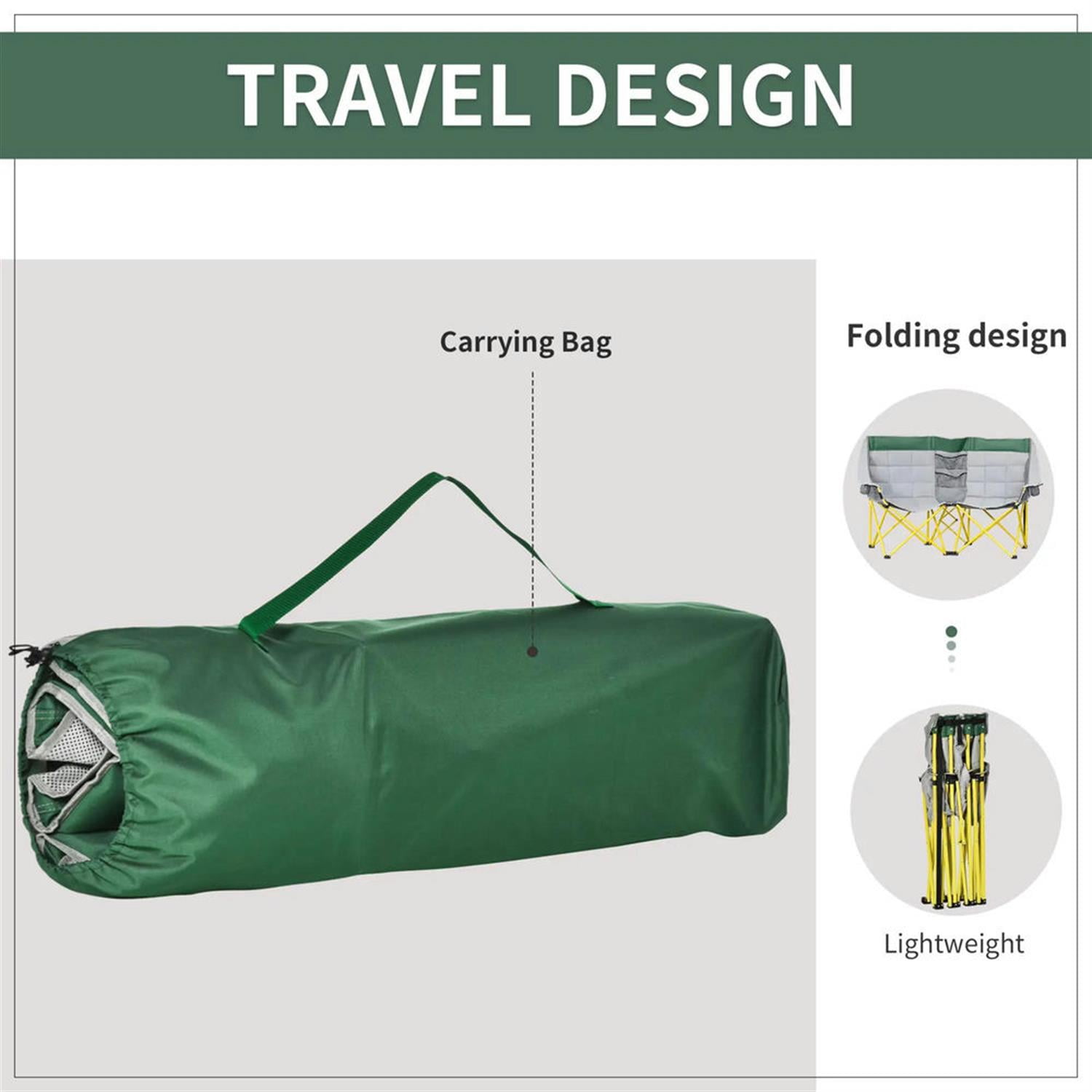 Demi Bonn Outdoor Loveseat Style Portable Folding Chair, Oversized Camping Seat with Bag & Cup Holders for Beach, Picnic, Hiking, Travel, Green