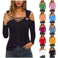 thumbnail image 2 of Samickarr Cold Shoulder Tops for Women Long Sleeve V Neck Crisscross Casual Shirt Fall Fashion Solid Color Loose Outfit, 2 of 5