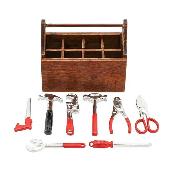 Becikitc 1:12 Miniature Metal Tool Set with Wooden Box, Dollhouse Workshop Accessories Decoration