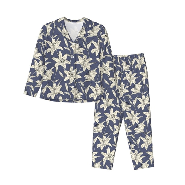 Fotbe Lilies Flowers Conjunto de Pijama de Manga Larga para Mujer con Estampado, Ropa de Dormir de 2 Piezas, Conjunto de Casa Suave y Cómodo con Bolsillos-Medium
