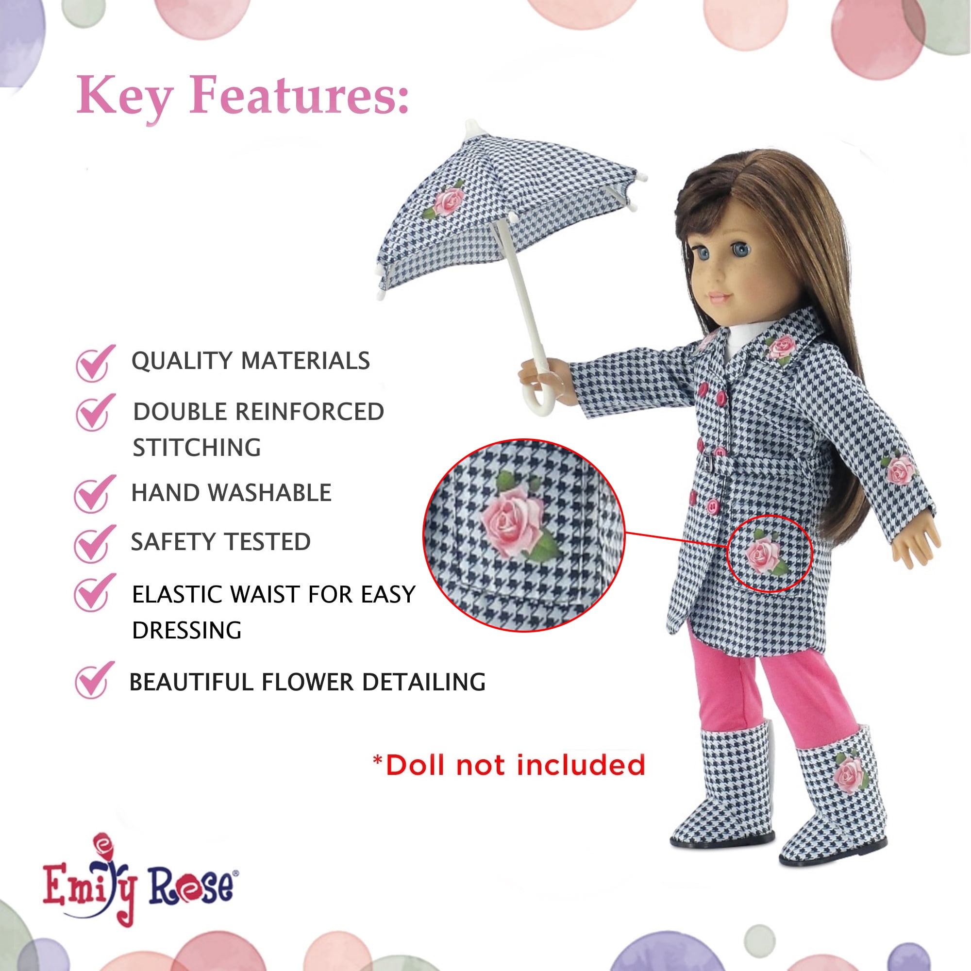 Emi1y Rose 18 Inch Doll Clothes | Lovely 5-Piece 18" Doll Raincoat Outfit, Including Matching Doll Rain Boots and Working Umbrella | Fits American Girl Dolls