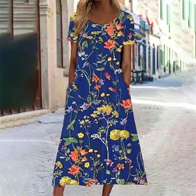 Robes Maxi pour Femmes Robe d'Été à Manches Courtes Col Rond Imprimé avec Poches Robe à Manches Courtes en Liquidation