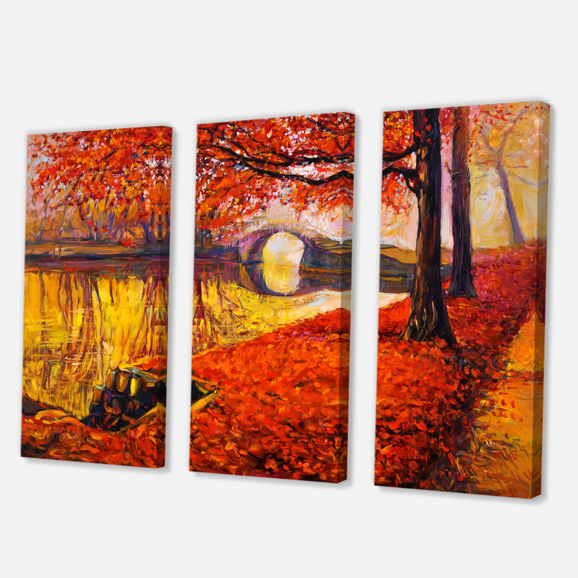 Designart ' Little Bridge In Deep Orange Autumn Landscape I ' Traditional Canvas Wall Art Print