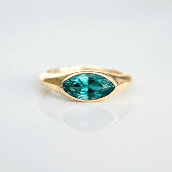 Marquise Cut Solitaire Teal Sapphire Engagement Ring, Single Sapphire Ring, East West Bezel Set Signet Ring, Proposal Ring, Anniversary Gift