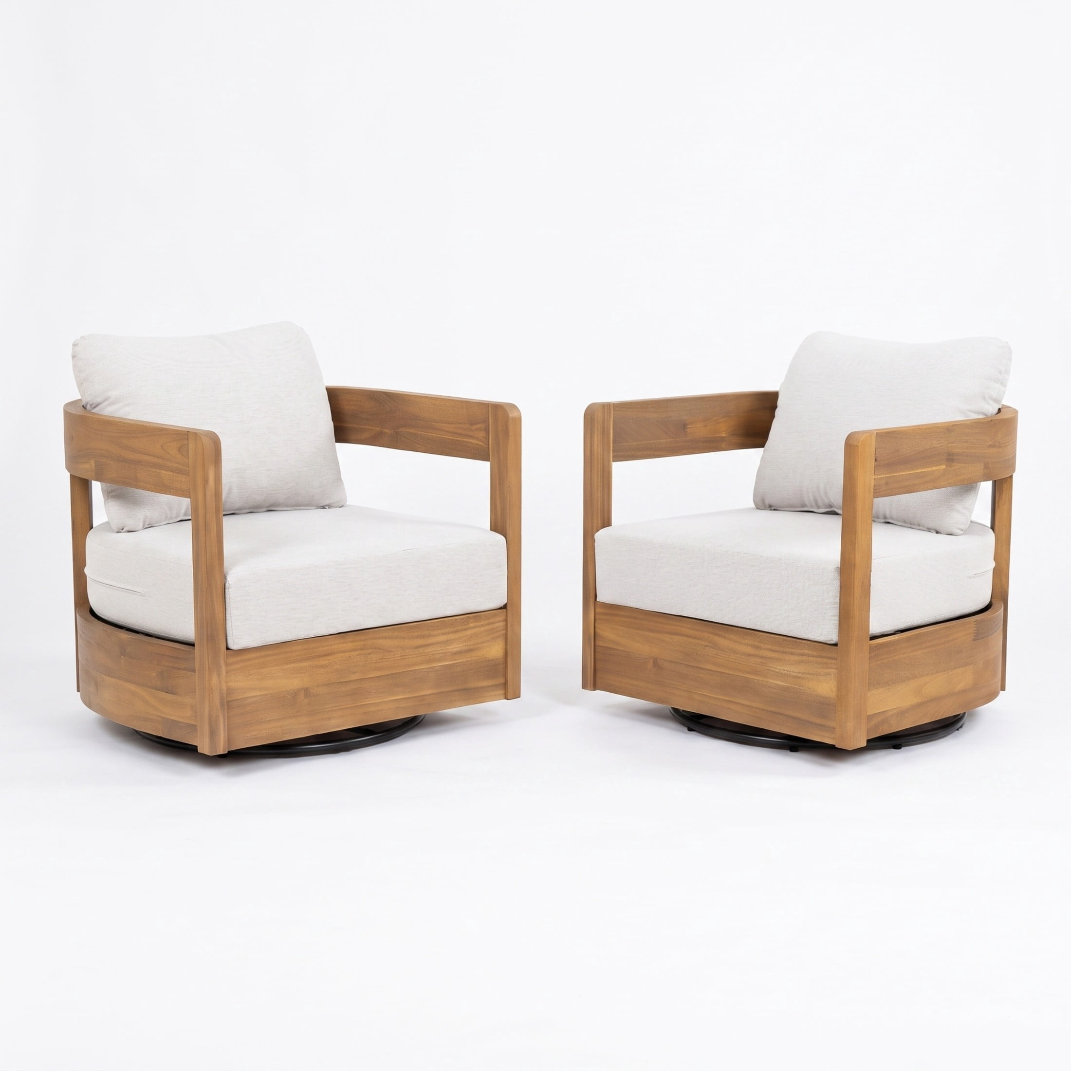 Christopher Knight Home 360° Outdoor Swivel Lounge Chair, Wood Frame with Beige Cushion, Set of 2