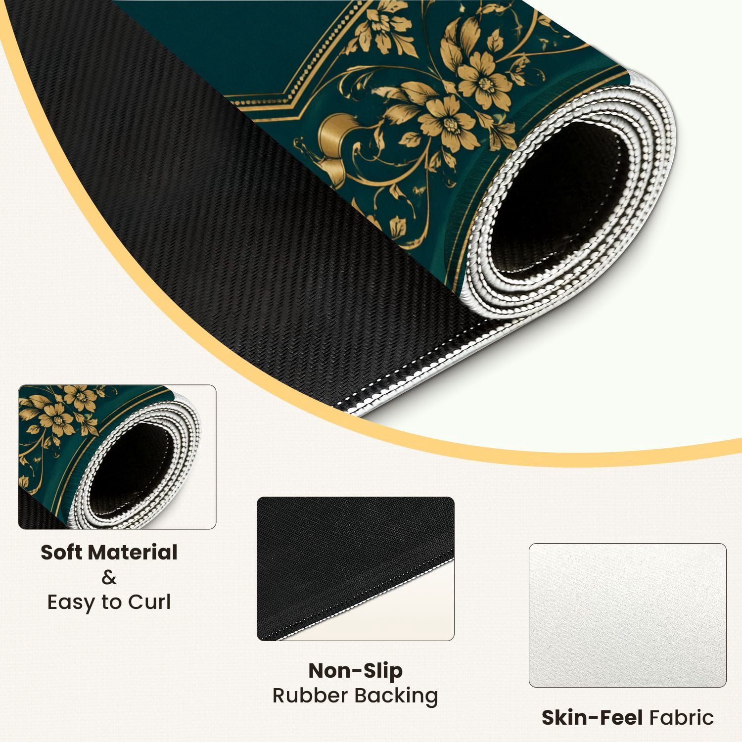 Mahjong Mat 31.5" x 31.5" Elegant Dark Green Gold Floral Ornamental Frame Ribbons Border Non-Slip Noise Reduction Mahjong Tiles Table Cover for Dominoes Poker Card Board and Tile Games