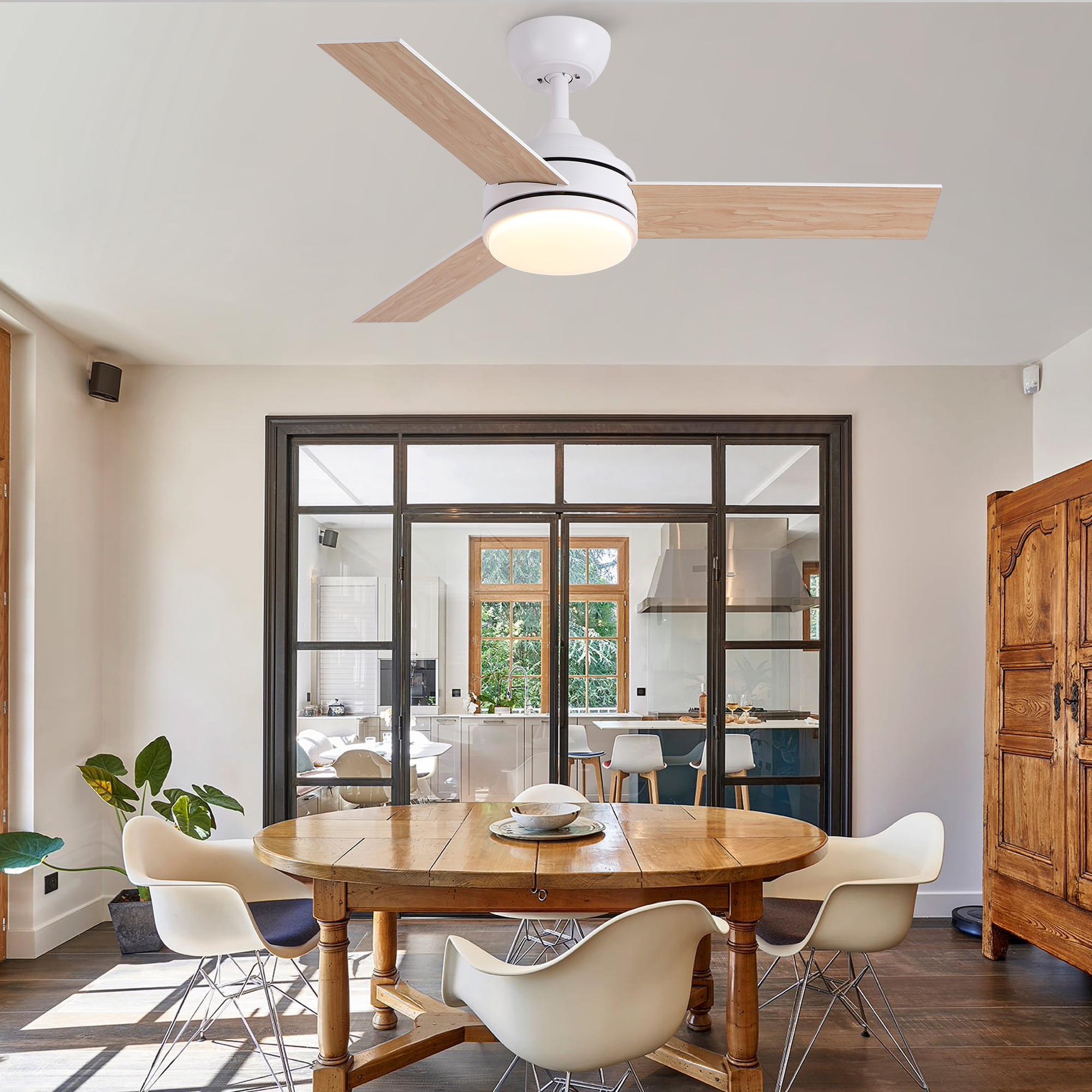Leumius 52" White Ceiling Fan with Intergrated LED Light Kit with Remote Control, 3 Plywood Blades and Work with Smart APP for Living Room Bedroom