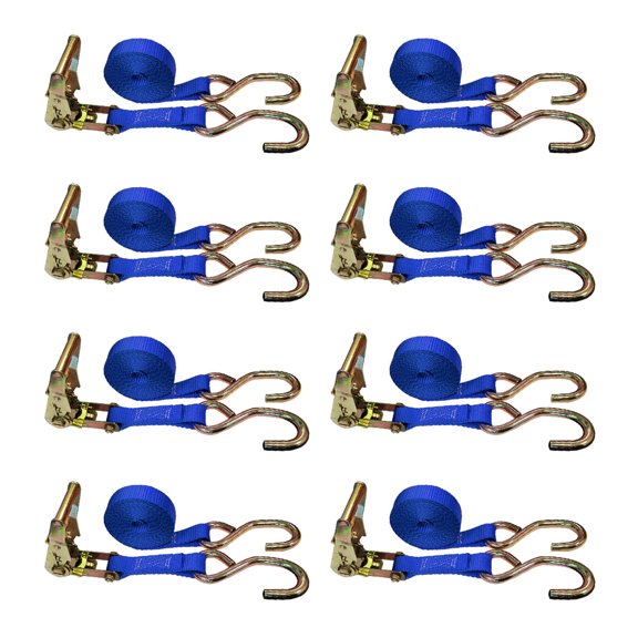 Mega Cargo Control USA 8 Pack Ratchet Tie Down Straps 1" x 9' Motorcycle Tie Down Straps with S Hooks for Bike, Boat, ATV, Cargo Trailer & Utility Use, Blue
