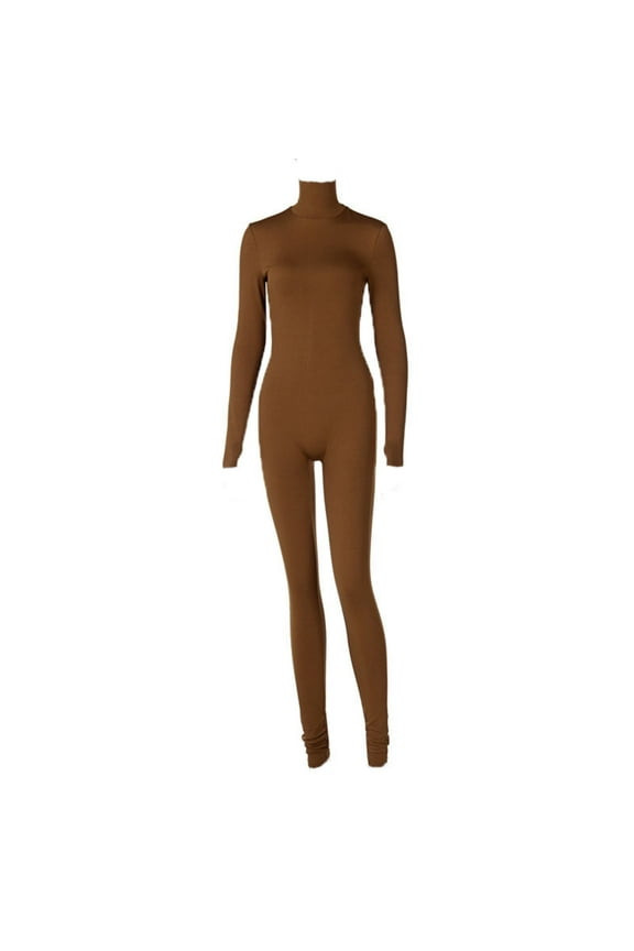 Long Sleeve Jumpsuit for Women Turtleneck One Piece Bodycon Rompers Clubwear Brown L
