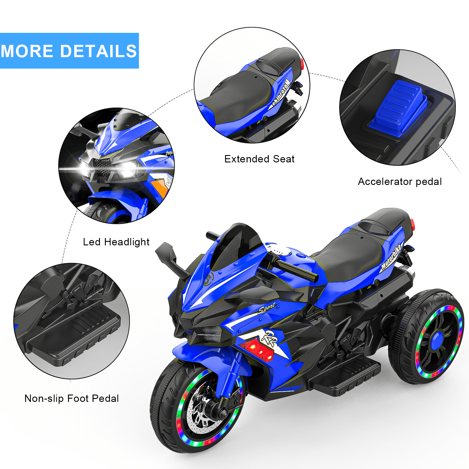 Werseon 12 Volts Kids Motorcycle, Electric Ride On Toy for Ages 3-6, 3-Wheels Lights, Sounds, Bluetooth Speaker, Blue