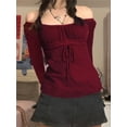 thumbnail image 3 of EMMIOL Women's Y2K Off-Shoulder Square Neck Long Sleeve Top with Front Tie, Trendy Slim Fit Spring/Fall Blouse, 3 of 7