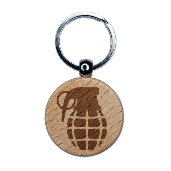 Cartoon Hand Grenade Round Keychain Charm Tag - Engraved Wood
