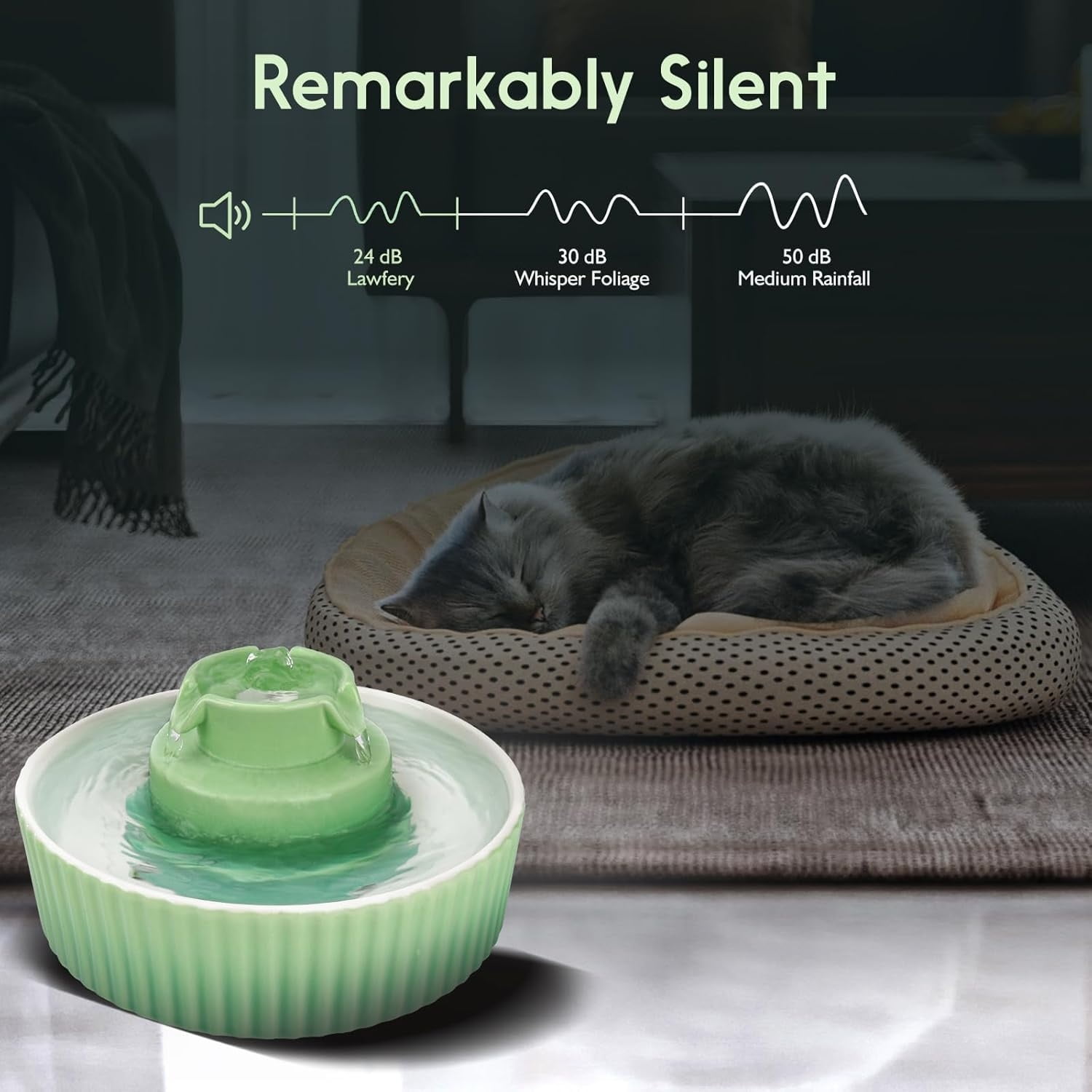 Ceramic Cat Water Fountain, 2.1L/71oz Cat Fountain with 3 Carbon Filters and 2 Water Pumps, Cupcake Pet Water Fountain for Cats and Dogs (Green)
