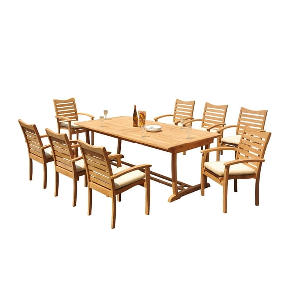 Grade-A Teak Dining Set: 8 Seater 9 Pc: 118" Mas Rectangle Trestle Leg Table And 8 Aspen Stacking Arm Chairs Outdoor Patio WholesaleTeak #51AP2509
