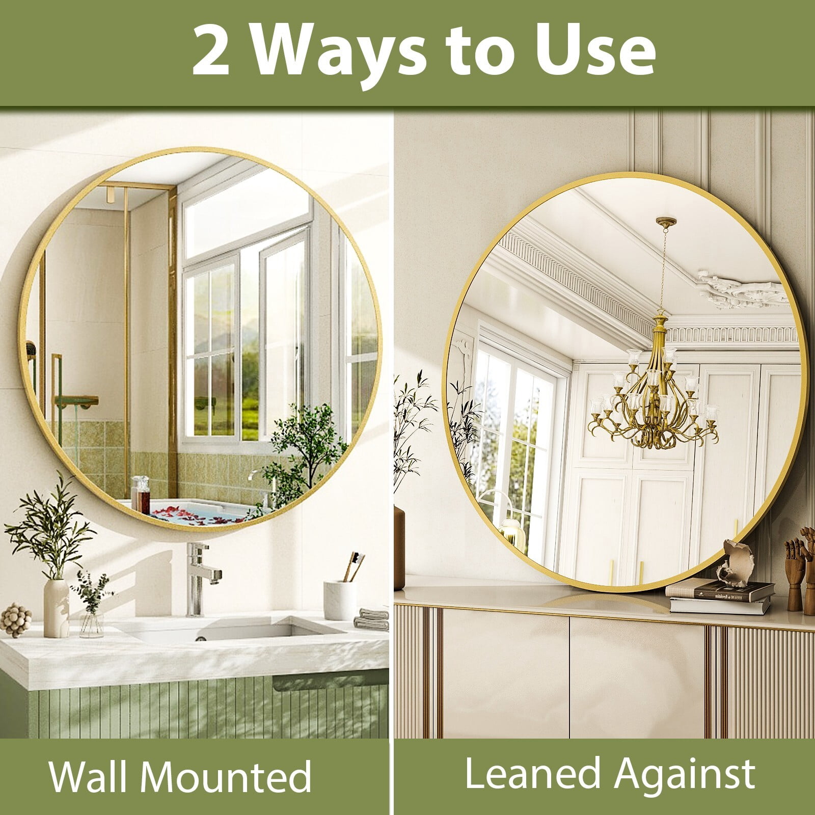 GRAHMCY 30" Round Bathroom Mirror Modern Circle Mirror leaning or Wall Mounted, Gold