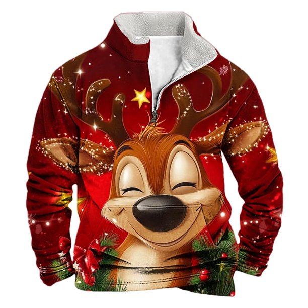 Sudadera sin capucha para hombre, de invierno, con cuello alto, cremallera, estampado navideño, jersey de manga larga, sudadera con capucha, blusa de poliéster para hombre