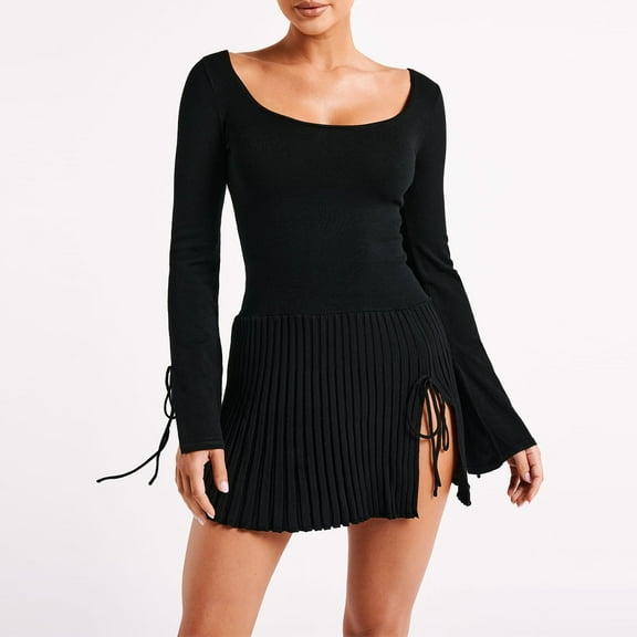 Women's Fall Mini Dress Long Sleeve Scoop Neck Solid Color Knit Dress Short Pleated Dress
