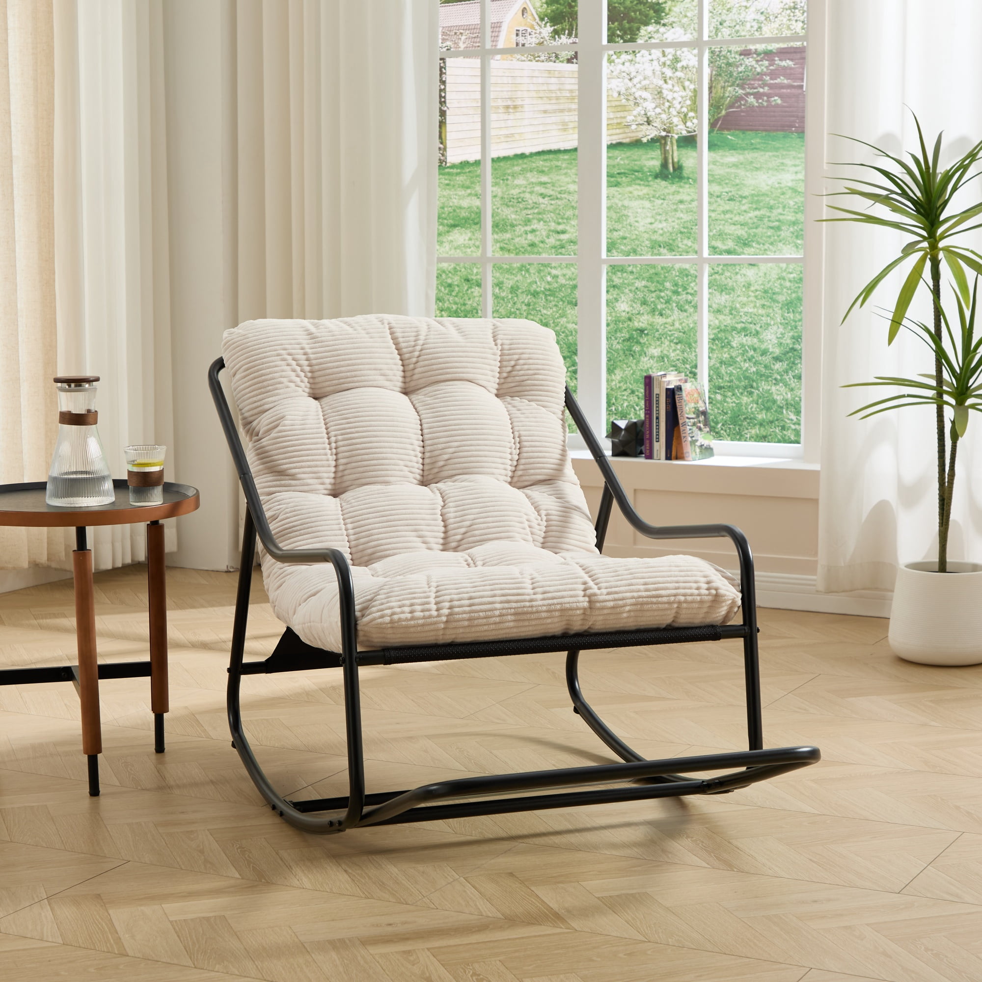 Outdoor Rocking Chair with Cushion, Patio Comfy Rocker with Thick Padding, Modern Sling Chair for Porch, Garden, Reading Nook, Black/White