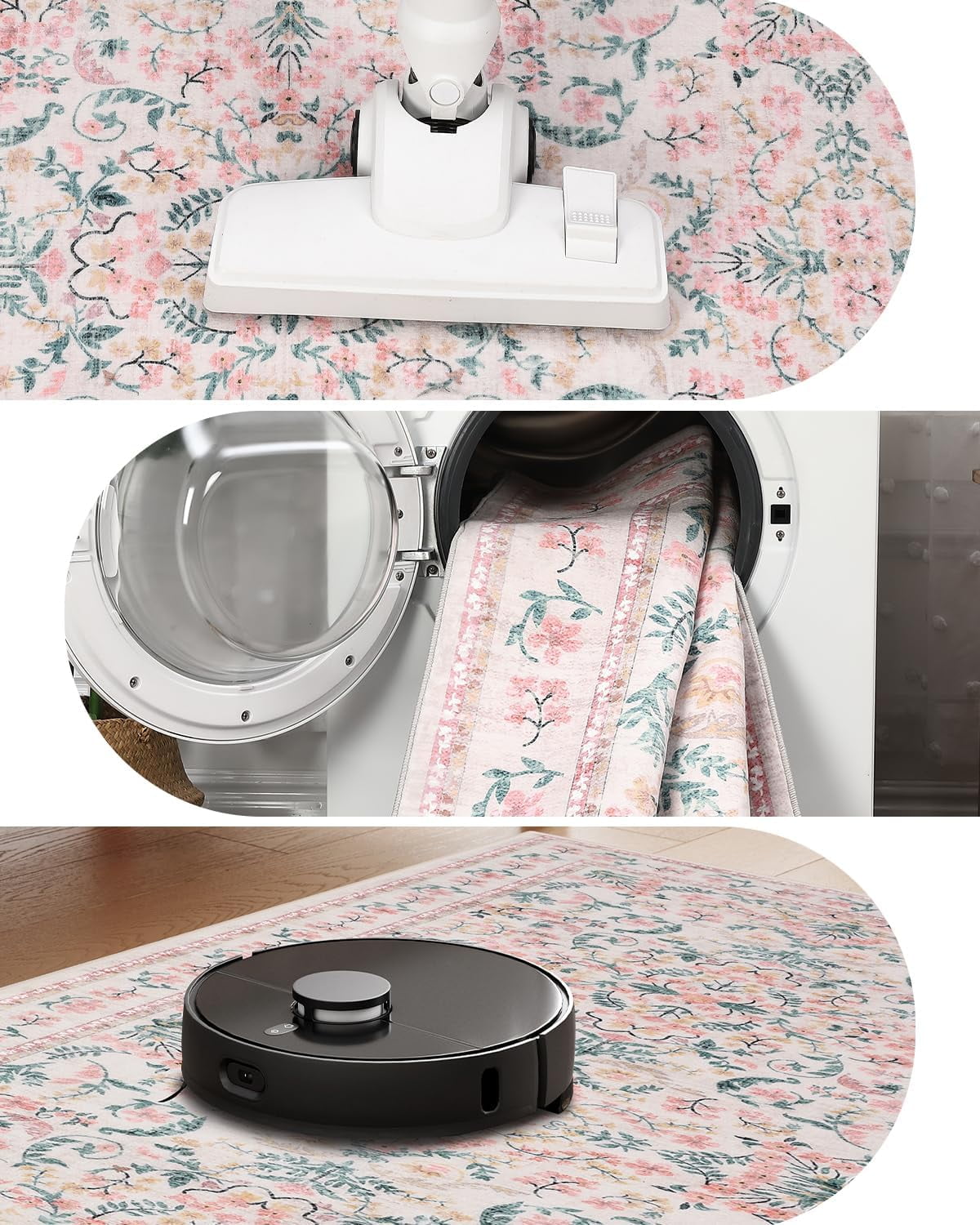 Memoryfield Washable Vintage Area Rug 9' x 12', Soft Low Pile Indoor Non Shedding Floor Covering, Foldable Floor Mat, Pink