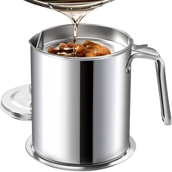Grease Container Stainless Steel Bacon Grease Saver with Fine Mesh Strainer 2L / 67.6 fl oz Oil Container Grease Can with Dust-proof Lid Non-slip Tray for Kitchen Storing Frying Cooking Grease