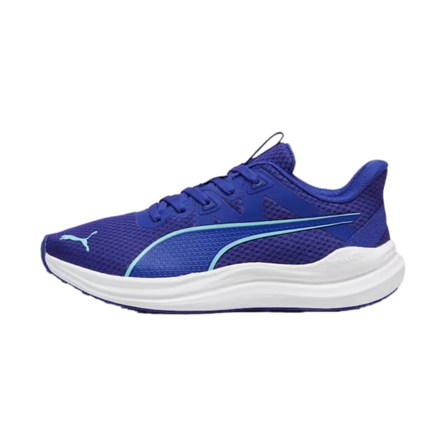tenis deportivo puma reflect lite jr 379124 09 azul unisex 22.5 cm, vista lateral derecha, corte textil-malla azul con franjas características en turquesa y logo PUMA en la puntera, ajuste por cordones, entresuela blanca de espuma PUMALite y suela de goma; apto para entrenamiento y uso diario.