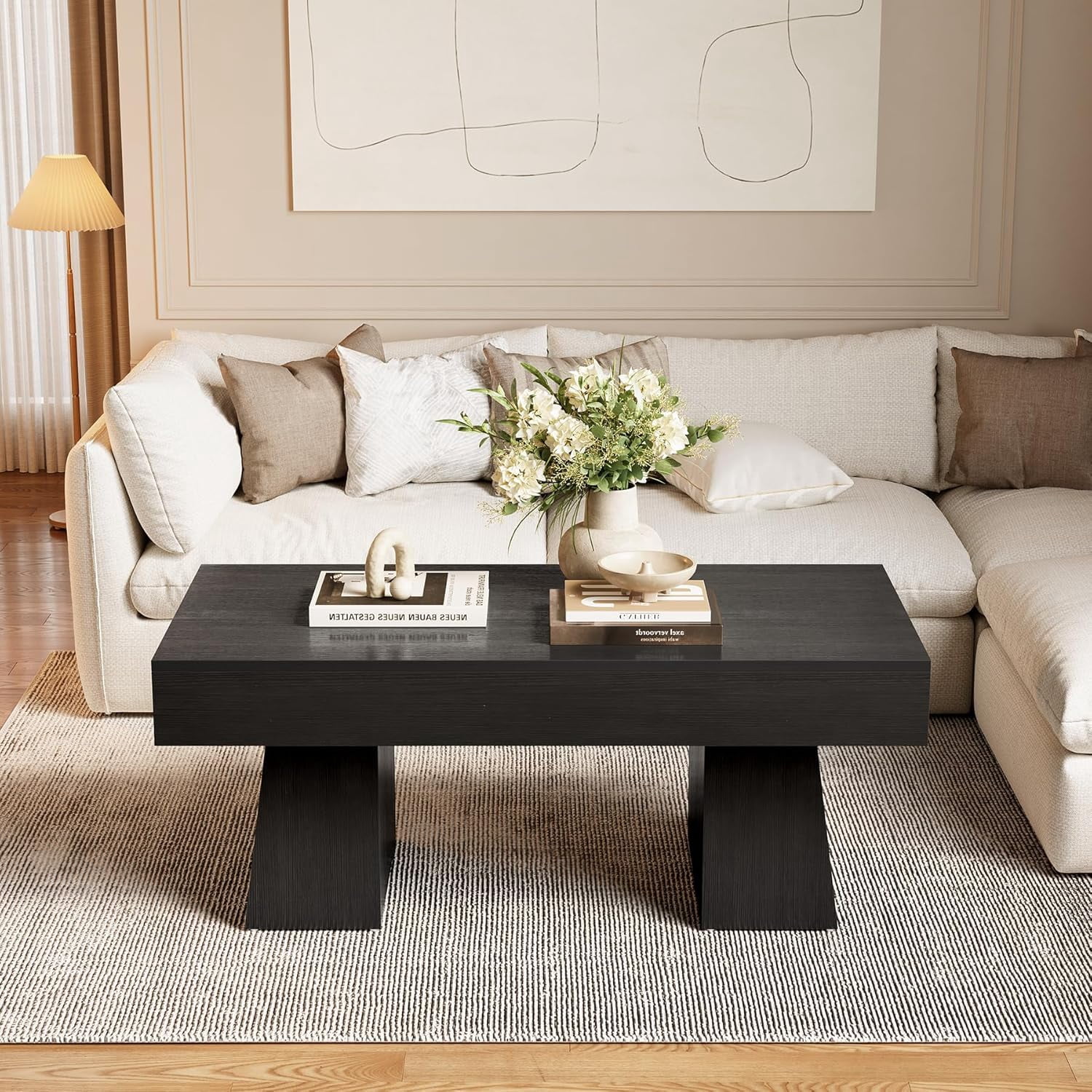 Tribesigns Farmhouse Coffee Table, 47" Wood Accent Center Tables for Living Room, Black