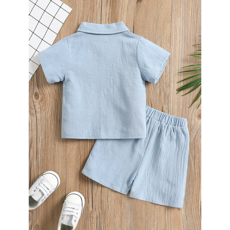 Springcmy Toddler Baby Boys Clothes Set Cotton Linen Short Sleeve Button  Down Shirt Top and Shorts 2PCS Summer Outfit D# Blue 6-12 Months
